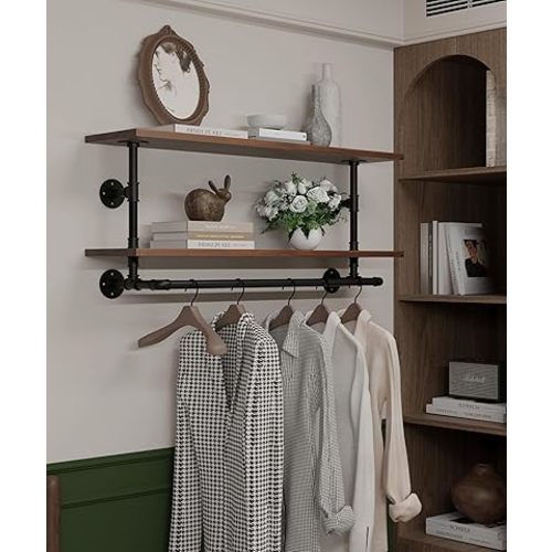 Clothes Rack 36in, Wall Mounted Garment Rack with Real Walnut Wood Shelf, Heavy Duty Hanging Clothes Rack, Multi-Purpose Hanging Rod, Space-Saving Closet Storage