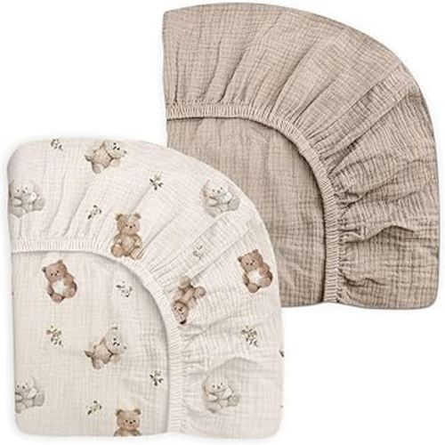 Mini Crib Sheets for Baby Boy Girl 2 Pack, Neutral Mini Crib Mattress Sheet 24" x 38", Muslin Nursery Bedding Soft and Breathable Comfort (Teddy & Friends)