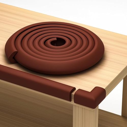 Furniture Edge 16.2ft & Corner Guards | Protective Foam Cushion | 15ft Bumper 4 Adhesive Childsafe Corners | Baby Child Proofing Foam Set for Table, Fireplace, Countertop | Brown