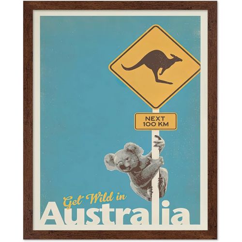 Poster Master Vintage Travel Poster - Retro Get Wild in Australia Print - Kangaroo Sign Art - Australia Art - Gift for Men, Women - Decor for Home, Office, Living Room, 11x14 Brown Framed
