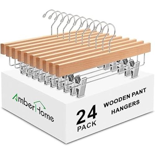 Amber Home Paquete de 24 perchas de madera natural para pantalones con clips, perchas de madera para faldas de pantalones para jeans, pantalones cortos, con 2 clips ajustables