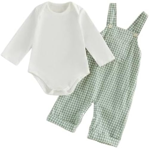 Newborn Infant Baby Boy Clothes Long Sleeve Romper Top Gingham Plaid Overall Pants Hat 3Pcs Fall Winter Outfits Set