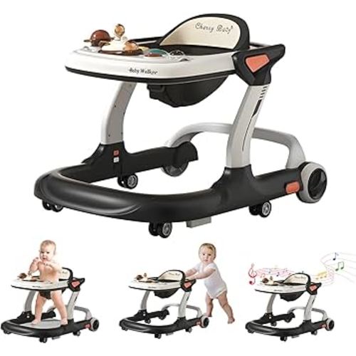 Baby Walker,Music & Lights Baby Walker with Wheels,9 Adjustable Heights Baby Activity Center,Baby Walkers with Foot Pads for Boys Girls Babies,Anti-Fall Bouncer Combo