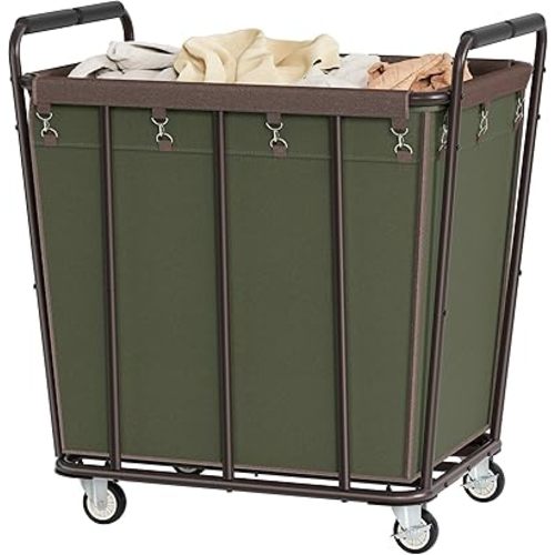 Hoctieon Large Laundry Cart with Wheels, 400L Heavy Duty Laundry Basket Organizer, Rolling Hamper Sorter for Clothes Storage, Industrial Dirty Clothes Hamper for Home & Hotel, Green+Brown