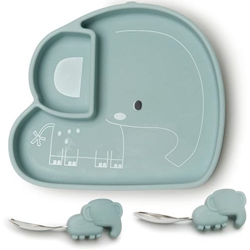 Loulou Lollipop Toddler Silicone Suction Snack Plate, Learning Fork and Spoon Set (Elephant)