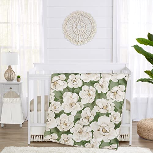 Sweet Jojo Designs Sage Green Boho Flower Floral Girl Baby Crib Bedding Set Infant Nursery Room Blanket Fitted Sheet Skirt Ivory Shabby Chic Bohemian Watercolor Garden Nature Modern Beige Fringe 4pc