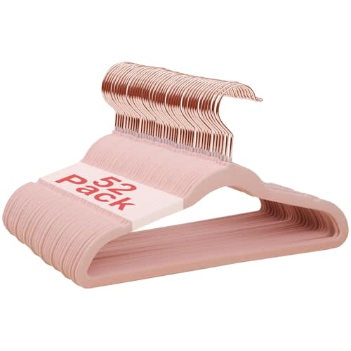 Wellong Baby Velvet Hangers, 52 Pack Kids Clothes Hangers with Non-Slip Shoulder Notches, Storage Organizer for Infant and Toddler Pink (Rose Gold Hook)