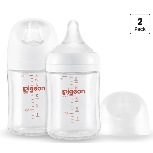 Pigeon Glass Nursing Bottle Wide Neck, Anti-Colic, Streamlined Body, Natural Feel, Easy to Clean, Heat-Resistant, 5.4 Oz (Pack of 2), Includes 2pcs SS Nipples (0m+)
