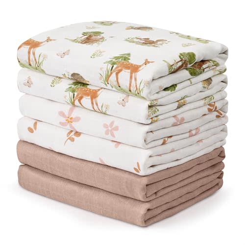 GLLQUEN BABY Receiving Blanket Boy Cotton Muslin Swaddle Blankets Girl Newborn Squares Breathable & Soft Thin Baby Blankets Cloths Double Absorbent Infant Swaddling Wrap - 6 Pack (Deer & Soft Light)