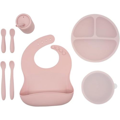 WeeSprout Baby Led Weaning Bundle, Silicone Suction Bowl, Spoons, Bib & Cup, Develops Self Feeding Skills, Dishwasher Safe (Pink)