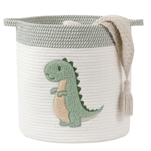 Baby Hamper Large Toy Storage Basket for Toddlers Boys, Dinosaur Room Decor | 14" x 14" Blanket Baskets for Living Room, Cotton Rope Toy Box for Stuffed Animal Storage Baby Laundry Hamper, Nursery Decor