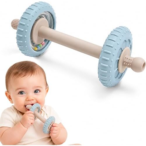 Baby Teething Toys for 3-6 Months, Dumbbell Teether for Babies 6-12 Months, Silicone Baby Teether Toys with Textured Chew Surfaces, Rattle Baby Chew Toy for Infants (Blue)