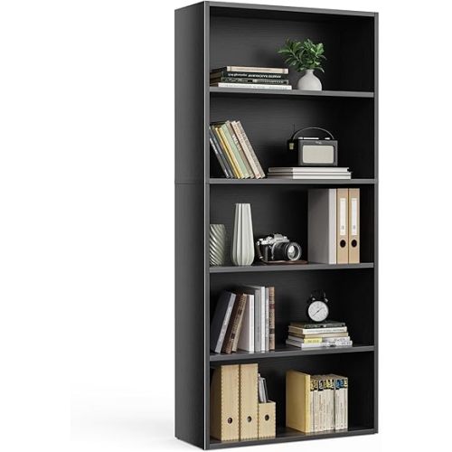 Sweetcrispy Industrial 5 Shelf Bookcase - Large 53 Inch Tall Floor Standing Open Bookshelf with Anti-Tipping Device for Home Office, Living Room, and Bedroom Storage, Black