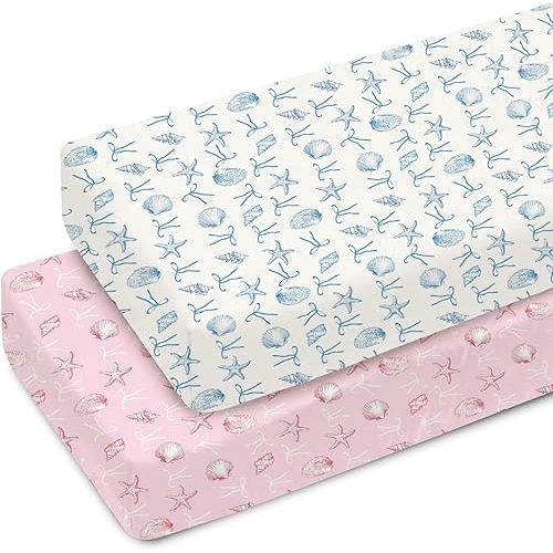Summer Conches Bows Sea Baby Crib Sheets for Boy Girl 52x28In Ocean Seashells Beach Soft Snug Fitted Crib Mattress Cover Boho Nautical Marine Baby Sheet for Standard Crib & Toddler Bed Mattress 2 Pack