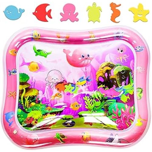 Large Baby Water Mat XXL 37.4"x29.9", Safe Inflatable Tummy Time Mat for Infants & Toddlers with Ocean Animals, Newborn Sensory Water Pad for Playtime & Early Education (Pink)