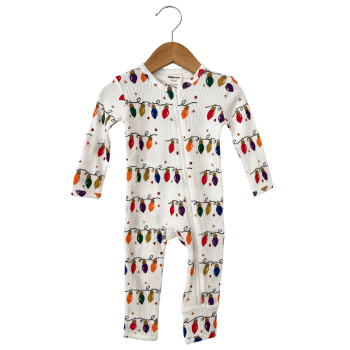 Organic Waffle Basic Zip Romper, Christmas Lights