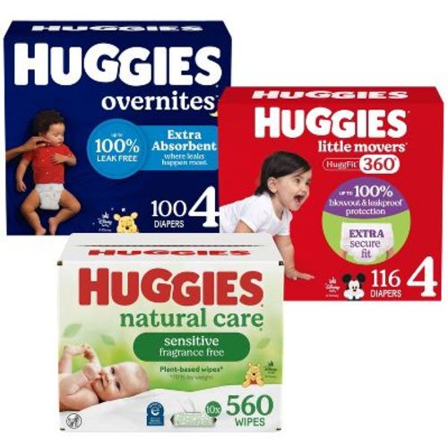 Huggies Overnites Nighttime Baby Diapers Size 4/100ct + Little Movers HuggFit 360 Pull On Diapers 116ct + Care Sensitive Unscented Baby Wipes 10 pack