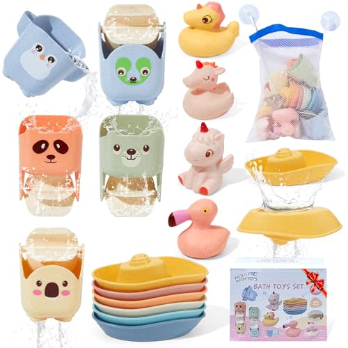 Mold Free Bath Toys, 15PCS | Safe Fun & Easy Clean Floating Boats & Rotating Waterfall Cups & Sealed with No Holes Floating Tub Toy and Mesh Bag for Babies 18+ Months | Bathtub Pool Water Toddler Toys