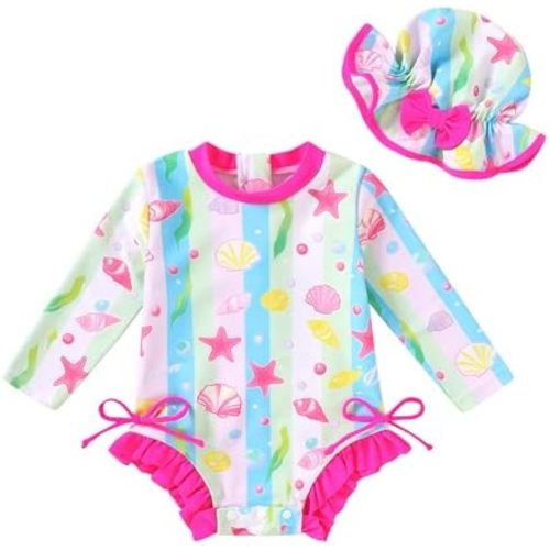 Infant Baby Swimsuit Girl Long Sleeve UPF 50+ Sun Protection One-Piece Rash Guard with Hat Zipper Bathing Suit