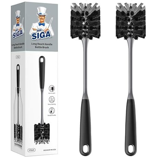 MR.SIGA Long Handle Bottle Brush, Flexible Scrub Brush for Water Bottles, Glasswares, Mugs, Black, 2 Pack