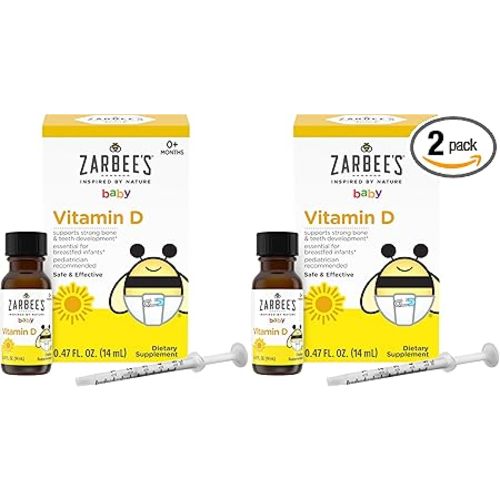 Zarbee's Vitamin D Drops for Infants,400IU (10mcg) Baby & Toddler Liquid Supplement,Newborn & Up,Dropper Syringe Included,0.47 Fl Oz,(Pack of 2)