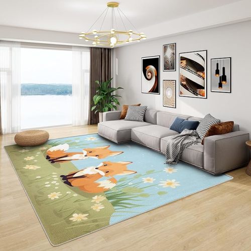Fox Rugs for Nursery - Woodland Fox Rug, 4x5 ft Washable Non Slip Kids Woodland Animal Area Rug, Cute Cartoon Playroom Carpet for Hallway, Kitchen, Baby Room Decor & Gifts