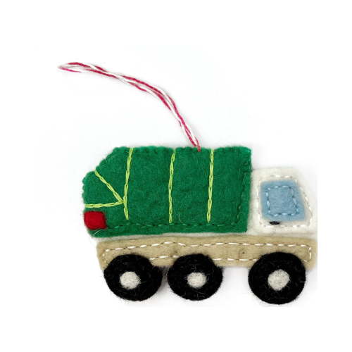 Garbage Truck Ornament - Felt Wool Fair Trade Christmas Decor Handmade in Nepal