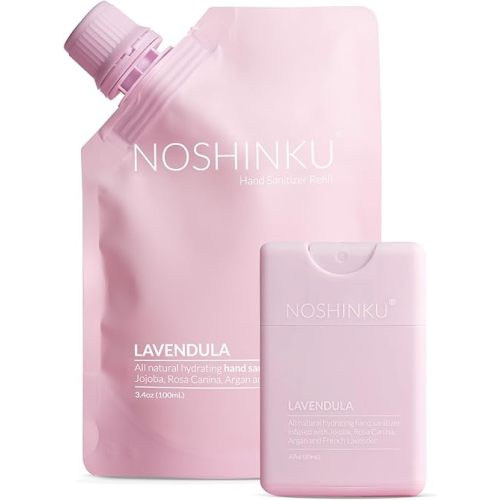Noshinku Lavender Pocket Hand Sanitizer Refill Kit: Refill Pouch + Sprayer Bundle | Organic Antibacterial Sanitizing Mist with Moisturizing Oils | FDA Registered | 70% Sugarcane Derived Alcohol