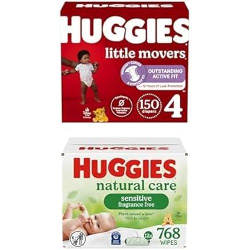 Little Movers Bundle: Huggies Little Movers Baby Diapers, Size 4 (22-37 lbs), 150 Count & Huggies Natural Care Sensitive Baby Wipes, 768 Count (12 Packs of 64)