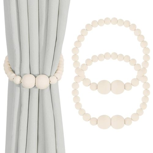 Magnetic Curtain Tiebacks, 2 Pack Curtain Holdbacks for Draperies, Wood Bead Curtain Tiebacks, Elegant Curtain Tie Backs for Bedroom Decor, Boho Room Decor, Nursery Decor, Farmhouse Decor