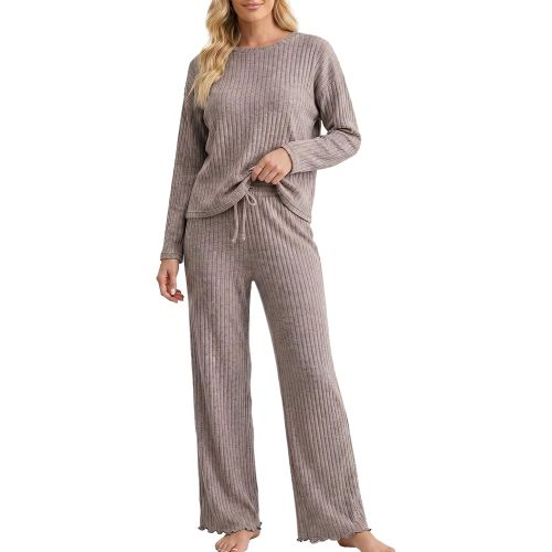 U2SKIIN Womens Pajama Set Long Sleeve 2pc Ribbed Knit Loungewear Wide Leg Soft Sleepwear Drawstring Deep Pockets Home&Travel