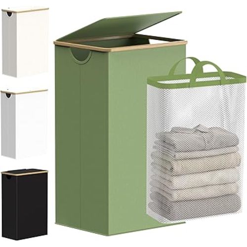 efluky 26 Gal Laundry Basket with Lid and Net Bag, Tall Laundry Hamper with Bamboo Handles, Aesthetic Dirty Clothes Bin for Laundry Room, Bathroom, Bedroom and Dorm, Green
