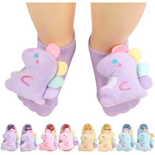 4Pack Baby Girl Socks,Dinosaur Non-slip Grips Low Cut Ankle Crazy Socks for Boys Toddler Infant Kids (US, Age, 0 Months, 6 Months, Pink, Blue, Yellow, Purple)