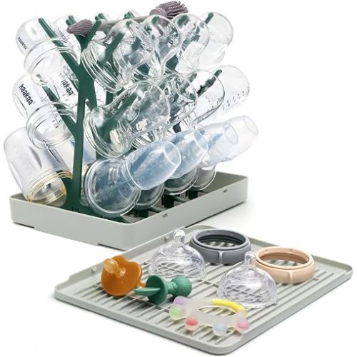 haakaa Portable Baby Bottle Drying Rack with Tray, Large 24-Bottle Capacity, Foldable Space-Saving Bottle Drying Tree for Bottles/Pump Parts/Pacifiers, Easy-Store Dryer Rack Great for Home, BPA Free