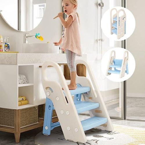 Onasti Foldable Toddler Step Stool for Bathroom Sink, Adjustable 3 Step Stool for Kids Toilet Potty Training Stool with Handles, Child Kitchen Counter Stool Helper, Plastic Ladder for Toddlers Blue