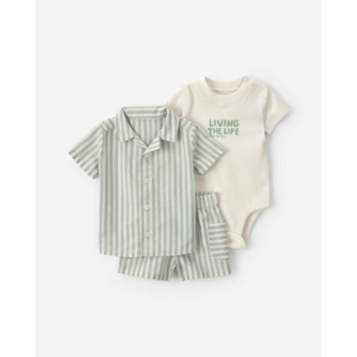 Baby Boy 3-Piece 'Living The Life' Striped Bodysuit & Short Set - Green/Cream | Carter's