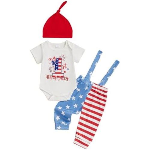 BeQeuewll Newborn Baby Boy Mardi Gras Outfit Letters Print Romper Striped Suspender Pants Overalls 3pcs Carnival Clothes Set