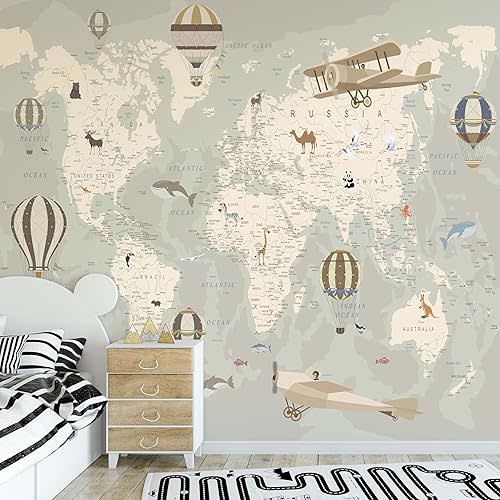 Kids World Map Wallpaper with Animals–Peel and Stick Educational Decals–Nursery Murals for Baby, Toddlers,Boys, Kids Room–Removable Waterproof Decor for Bedroom, Classroom, Playroom(148W x 100H)