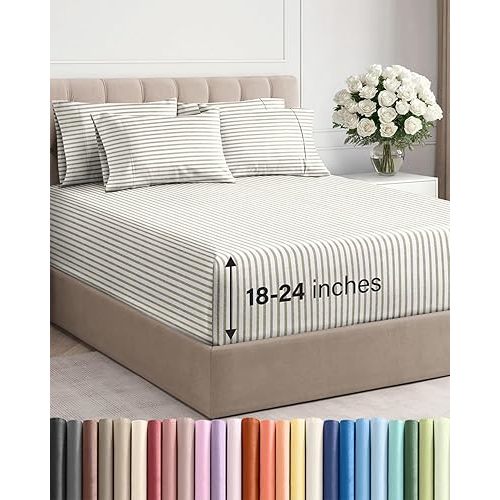 Extra Deep King Sheet Set - 6 Piece Breathable and Cooling Sheets - Hotel Luxury Bedding for Women, Men, Kids & Teens - Easy Secure Fit - Soft and Wrinkle Free with Extra Deep Pockets - Beige Stripes