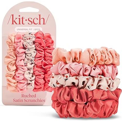 Kitsch Satin Scrunchies for Women - No Crease Hair Ties for Girls | Scrunchies For All Hair Types and Textures, Perfect for Day or Night | Ideal Gifts for Women - Assorted Cherry Blossom, 5pcs
