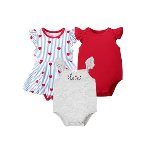 PATPAT Baby Girl Bodysuits - Soft Bamboo Viscose - Flutter Sleeves Cute Dress - Newborn Infant Summer Clothes - 3 Pack