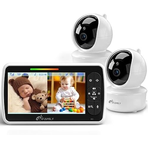 iFamily Split Screen Baby Monitor, Large Display Video Baby Monitor with 2 Cameras and Audio, Long Range, Remote pan tilt, Night Vision, Temperature Sensor, 2 Way Talk, Feeding Clock and lullabies.