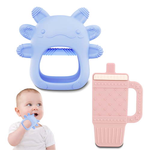 2 Pack Baby Teething Toy, Anti-Drop Silicone Teething Mitten for Baby 6-12 Months, Wrist Hand Infant Chew Toys for Sucking Needs, BPA Free (Blue & Pink)