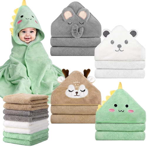 12 PCS Baby Bath Towels Set for Infants Toddlers, 4 PCS Animal Hooded Baby Towels & 8 PCS Washcloths Set, Ultra Absorbent Cute Soft Newborn Bath Essentials Must Haves Gifts for Boys & Girls