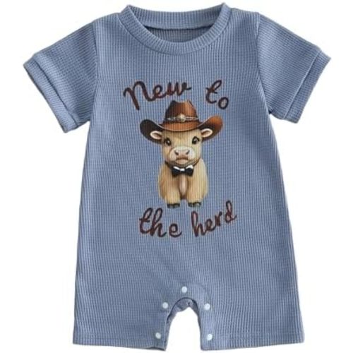 New To The Herd Baby Boy Outfit Highland Cow Print Waffle Jumpsuit Western Cowboy Romper Newborn Coming Home Outfits