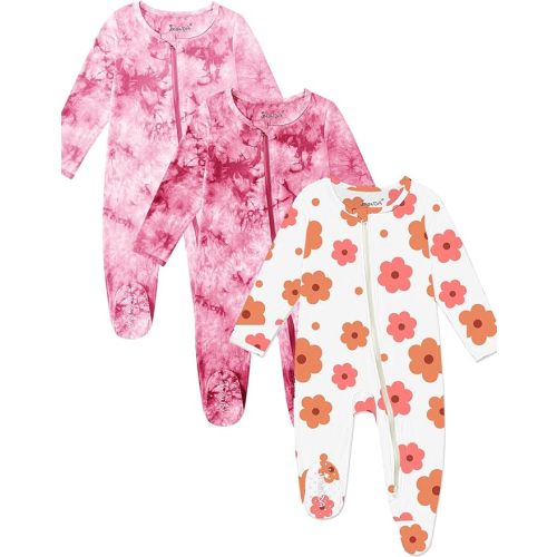 Jimonda Baby Girls Boys Footed Pajamas,Rayon From Bamboo,2 Way Zipper Long Sleeve Soft Sleeper Pjs,Infant Tie-dye Romper