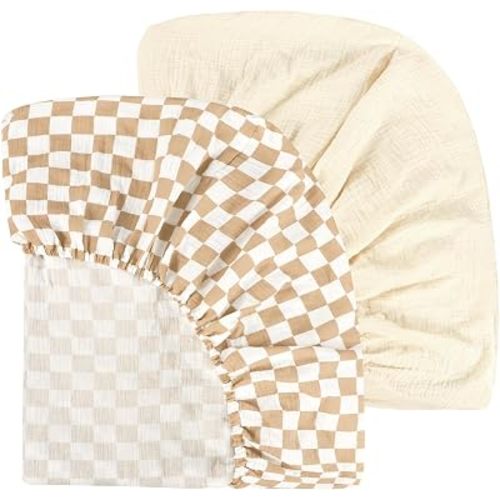 DILIMI Muslin Crib Sheets for Baby Boys and Girls, 2 Packs Ultra-Soft Breathable Baby Crib Sheet for Standard Crib and Toddler Mattress, Beige and Brown Checkered