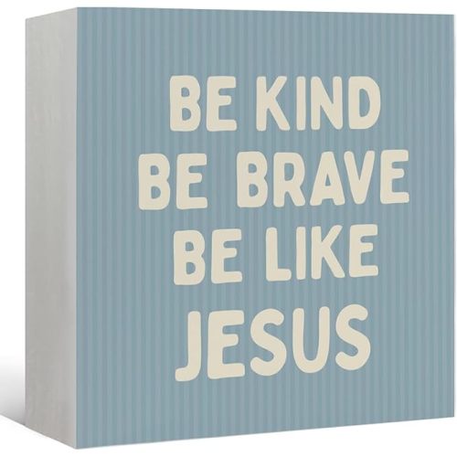 Christian Nursery Decor Wooden Box Sign, Be Kind Brave Be Like Jesus Wood Block Signs Decorations, Bible Verse Wood Box Signs for Kids Boys Room Bedroom Desk Shelf Tabletop Decor, 5x5 Inch