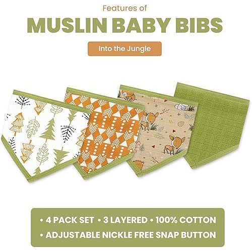 DREAMS & DIMPLES Muslin Baby Bibs with Adjustable Nickle Free Snap Button Cotton Bib 4 Pack Bandana Bib for Newborn - Toddler