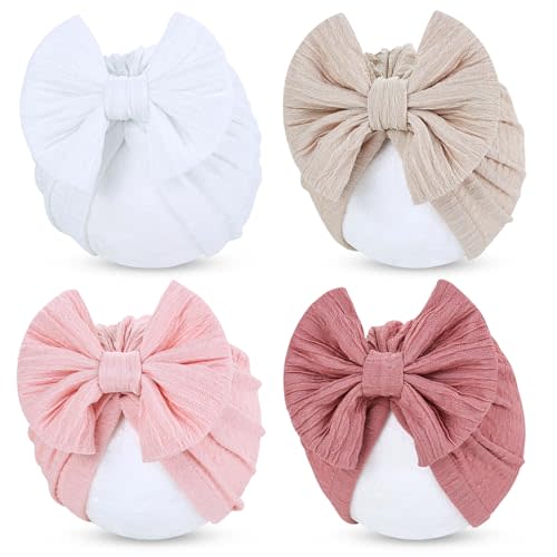 Cinaci 4 Pieces Baby Girls Turban Hats with Bow Newborn Hospital Caps Bonnets Beanies Headwraps for Infants Toddlers